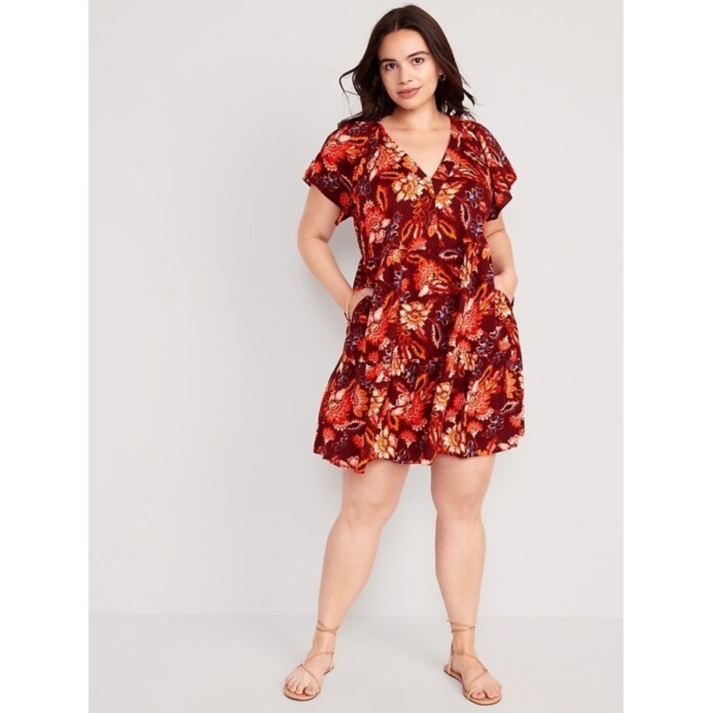 Old Navy Womens Dress XL V-Neck Tiered Mini Swing Red Wine Floral Paisley boho